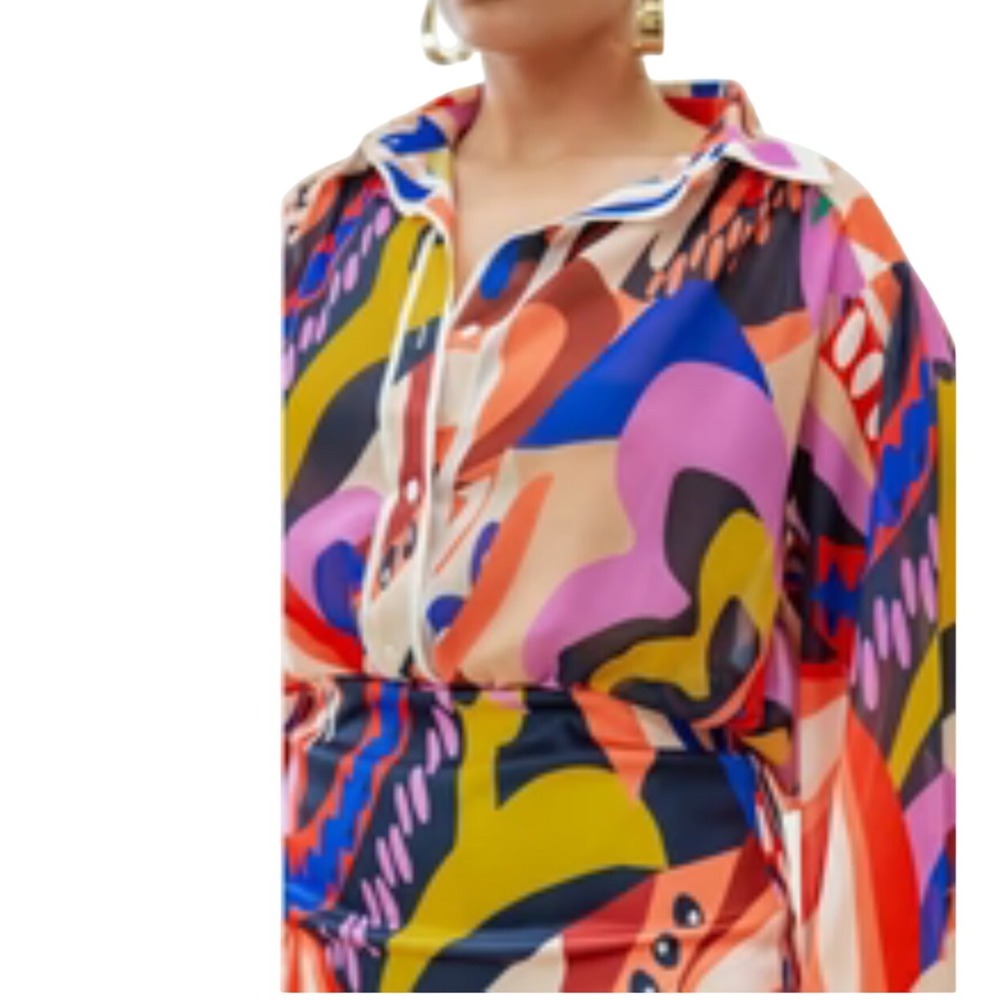 Her Bottari Abstract Print Long‎ Sleeve Button Down Blouse Top Multicolor S